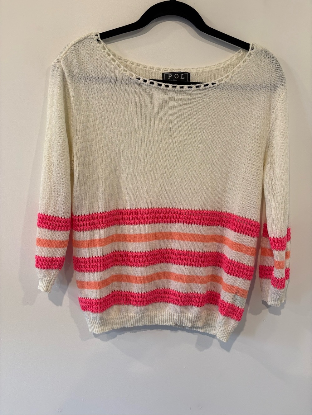 POL Cream Crewneck Sweater with Pink & Peach Stripes
